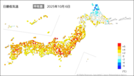 昨日の最低気温平年差の分布図
