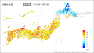 今日の最低気温平年差の分布図