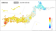 昨日の最低気温平年差の分布図