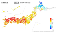 13日の最低気温平年差の分布図
