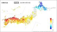 14日の最低気温平年差の分布図