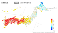 15日の最低気温平年差の分布図