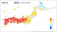 16日の最低気温平年差の分布図