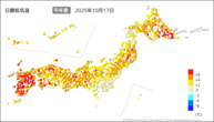 17日の最低気温平年差の分布図