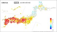 昨日の最低気温平年差の分布図