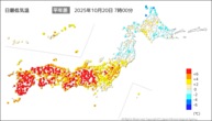 今日の最低気温平年差の分布図