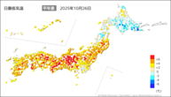 26日の最低気温平年差の分布図