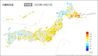 27日の最低気温平年差の分布図