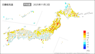 昨日の最低気温平年差の分布図