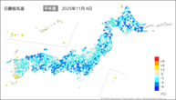4日の最低気温平年差の分布図