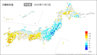 5日の最低気温平年差の分布図