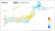 一昨日の最低気温平年差の分布図
