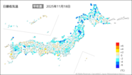 18日の最低気温平年差の分布図