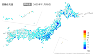 19日の最低気温平年差の分布図