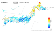 20日の最低気温平年差の分布図