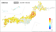 25日の最低気温平年差の分布図