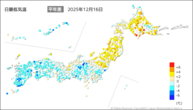 16日の最低気温平年差の分布図