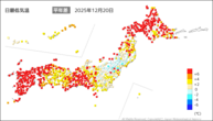 20日の最低気温平年差の分布図