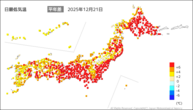 21日の最低気温平年差の分布図
