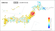 4日の最低気温前日差の分布図