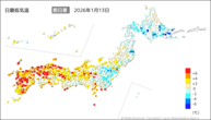 13日の最低気温前日差の分布図