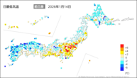 14日の最低気温前日差の分布図