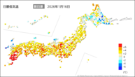 16日の最低気温前日差の分布図