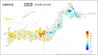 24日の最低気温前日差の分布図