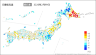 19日の最低気温前日差の分布図
