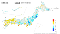6日の最低気温前日差の分布図