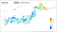 25日の最低気温前日差の分布図