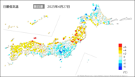 27日の最低気温前日差の分布図