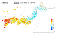 今日の最低気温前日差の分布図
