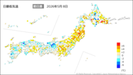 8日の最低気温前日差の分布図