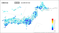 9日の最低気温前日差の分布図