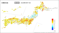 11日の最低気温前日差の分布図