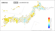 15日の最低気温前日差の分布図