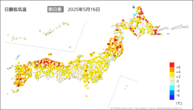 16日の最低気温前日差の分布図