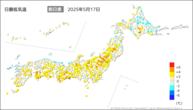 17日の最低気温前日差の分布図