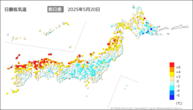 昨日の最低気温前日差の分布図