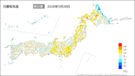 28日の最低気温前日差の分布図