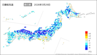 29日の最低気温前日差の分布図