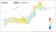 6日の最低気温前日差の分布図