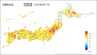 7日の最低気温前日差の分布図