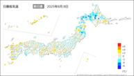 8日の最低気温前日差の分布図