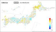 19日の最低気温前日差の分布図