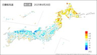 今日の最低気温前日差の分布図