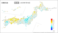 16日の最低気温前日差の分布図