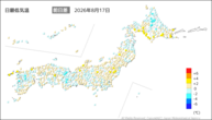 17日の最低気温前日差の分布図