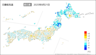 21日の最低気温前日差の分布図